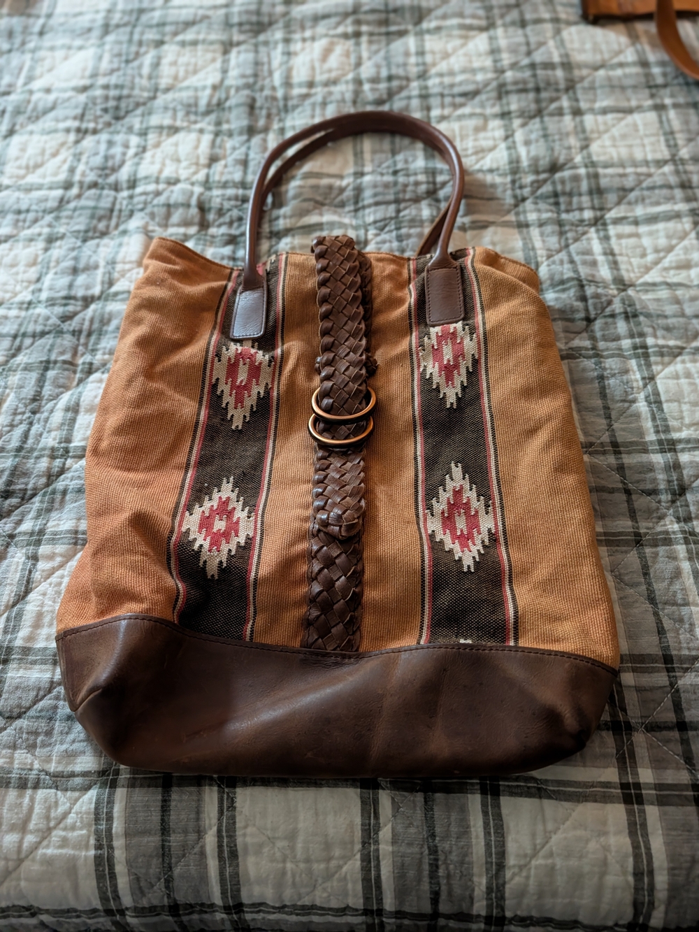 Boho Southwestern Woven Kilim Tapestry & Leather Shoulder Tote